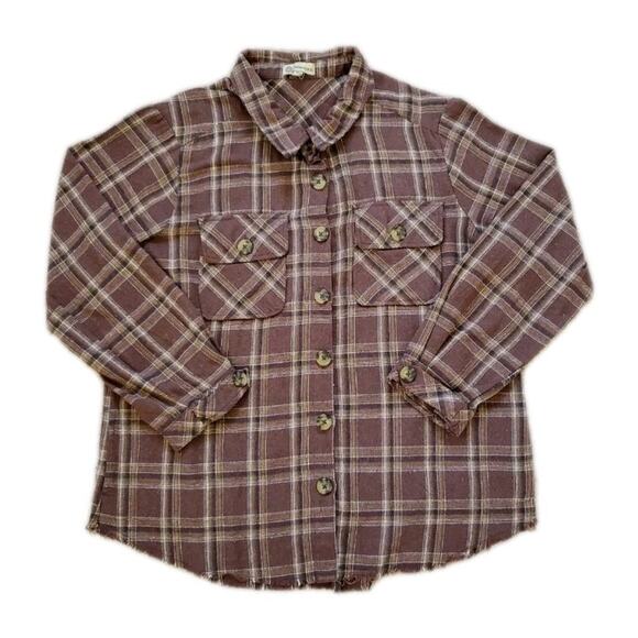 Democracy Women’s Plaid Flannel Shacket Brown L Relaxed Fit Raw Hem Preppy Cozy - Picture 2 of 12